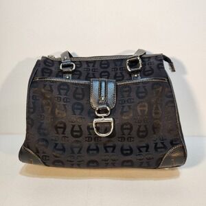 Etienne Aigner Black Signature Canvas Handbag Leather Trim Front Magnetic Pocket